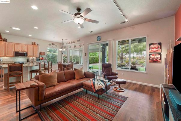 Chandelier, Dining room, Interior, Kitchen, Living room, Recessed Lighting, Wood Texture Flooring