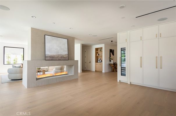 Empty room, Fireplace, Interior, Recessed Lighting, Wood Texture Flooring