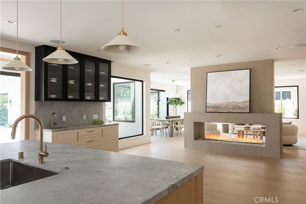 Dining room, Fireplace, Interior, Kitchen, Pendant Lights, Recessed Lighting, Wood Texture Flooring