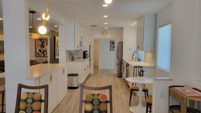 Interior, Kitchen, Pendant Lights, Recessed Lighting, Wood Texture Flooring