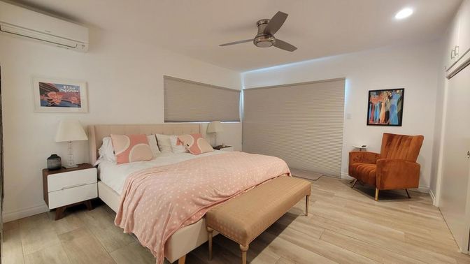 Bedroom, Interior, Recessed Lighting, Wood Texture Flooring