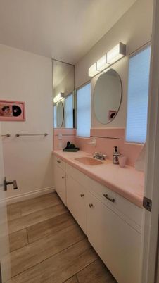 Bathroom, Dual Sink Vanities, Interior, Tile Countertops, Wood Texture Flooring