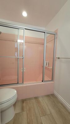 Bathroom, Glass Shower, Interior, Recessed Lighting, Wood Texture Flooring
