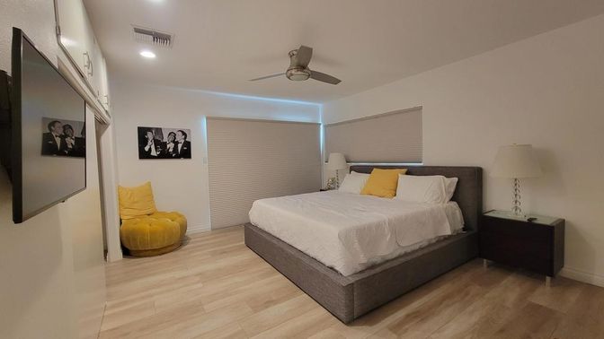 Bedroom, Interior, Recessed Lighting, Wood Texture Flooring