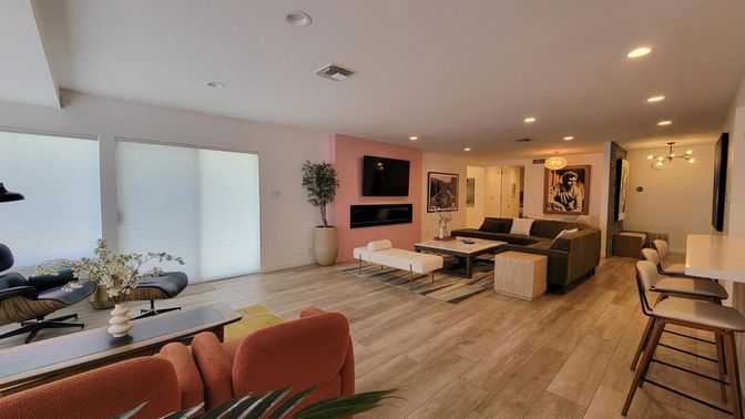 Dining room, Fireplace, Interior, Living room, Recessed Lighting, Wood Texture Flooring