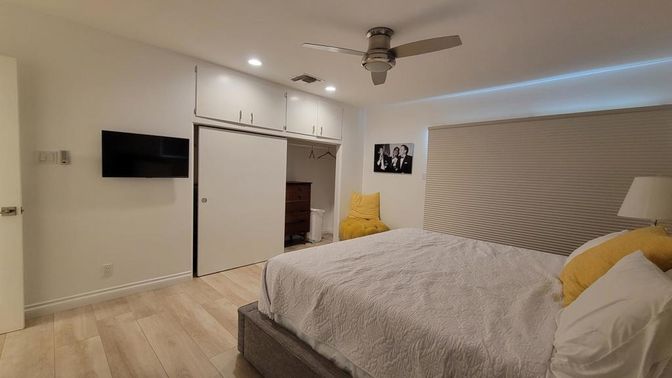 Bedroom, Interior, Recessed Lighting, Wood Texture Flooring