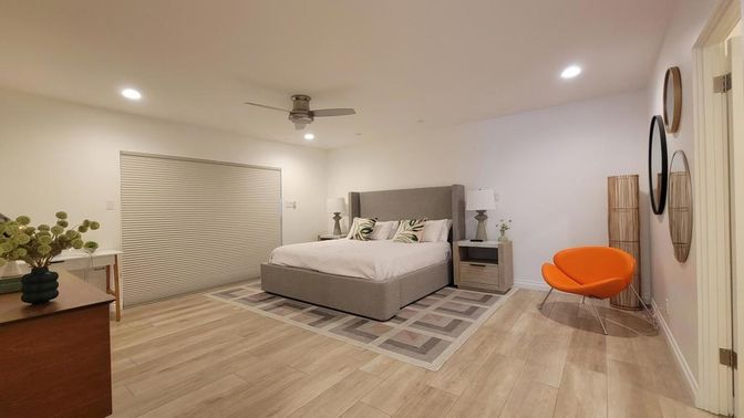 Bedroom, Interior, Recessed Lighting, Wood Texture Flooring