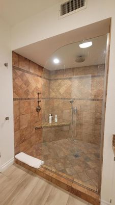Bathroom, Glass Shower, Interior, Recessed Lighting, Wood Texture Flooring