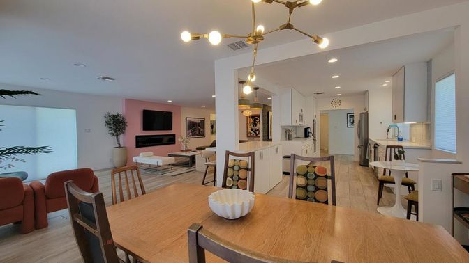 Dining room, Fireplace, Interior, Kitchen, Living room, Pendant Lights, Recessed Lighting, Wood Texture Flooring
