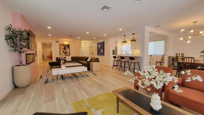 Dining room, Interior, Kitchen, Living room, Pendant Lights, Recessed Lighting, Wood Texture Flooring