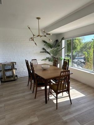 Dining room, Interior, Pendant Lights, Stone Walls, Wood Texture Flooring