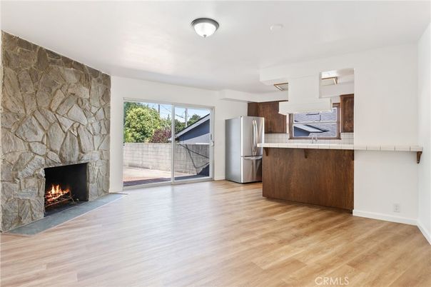 Fireplace, Interior, Kitchen, Stone Walls, Wood Texture Flooring