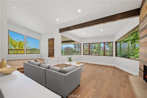 Fireplace, Interior, Living room, Recessed Lighting, Wooden Beams, Wood Texture Flooring
