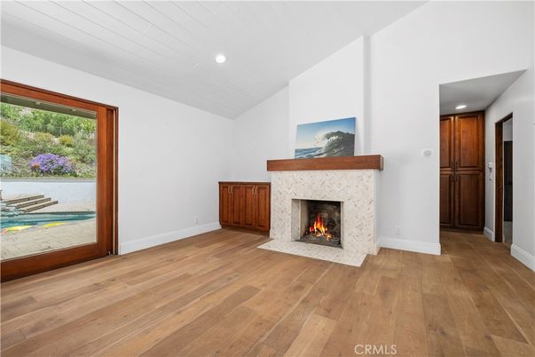Empty room, Fireplace, Interior, Recessed Lighting, Wood Texture Flooring