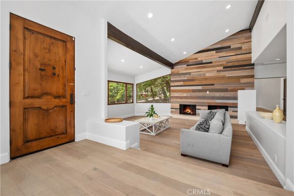 Fireplace, Interior, Living room, Recessed Lighting, Wooden Beams, Wood Texture Flooring, Wooden Walls