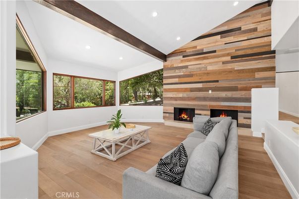Fireplace, Interior, Living room, Recessed Lighting, Wooden Beams, Wood Texture Flooring, Wooden Walls