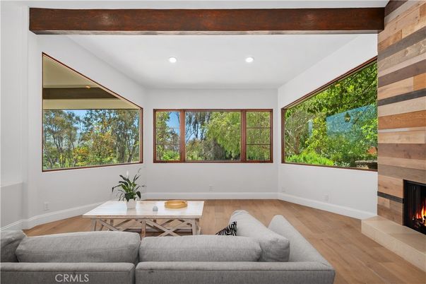 Fireplace, Interior, Living room, Recessed Lighting, Wooden Beams, Wood Texture Flooring
