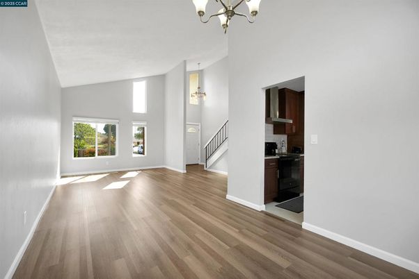Chandelier, Empty room, Interior, Pendant Lights, Wood Texture Flooring