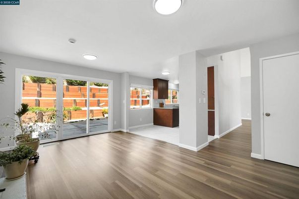 Empty room, Interior, Kitchen, Recessed Lighting, Wood Texture Flooring