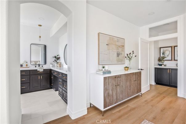 Bathroom, Dual Sink Vanities, Interior, Pendant Lights, Wood Texture Flooring
