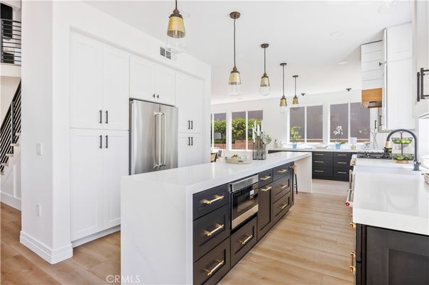 Interior, Kitchen, Pendant Lights, Stainless Steel Appliances, Wood Texture Flooring