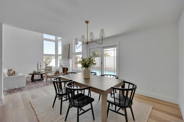 Dining room, Fireplace, Interior, Living room, Pendant Lights, Wood Texture Flooring