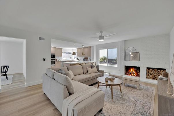 Fireplace, Interior, Kitchen, Living room, Pendant Lights, Stone Walls, Wood Texture Flooring