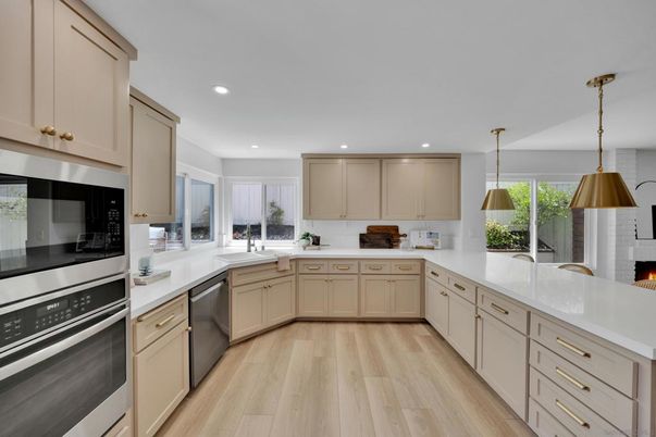 Fireplace, Interior, Kitchen, Pendant Lights, Recessed Lighting, Stainless Steel Appliances, Wood Texture Flooring