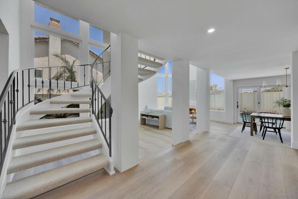 Dining room, Interior, Pendant Lights, Recessed Lighting, Wood Texture Flooring