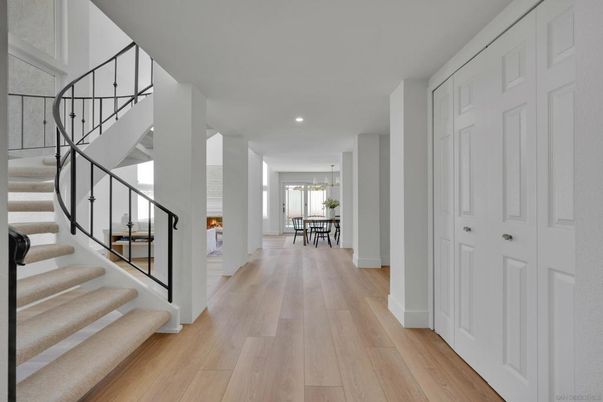 Dining room, Fireplace, Interior, Pendant Lights, Recessed Lighting, Wood Texture Flooring