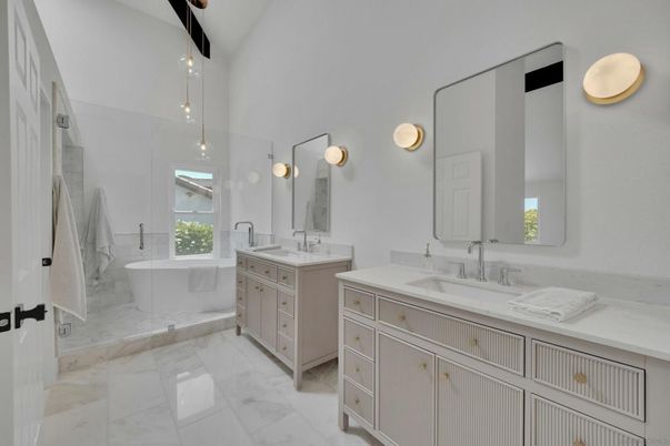 Bathroom, Dual Sink Vanities, Free Standing Baths, Interior, Marble, Pendant Lights