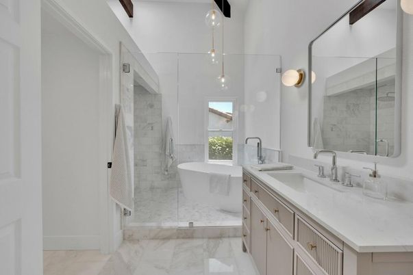 Bathroom, Dual Sink Vanities, Free Standing Baths, Glass Shower, Interior, Marble, Pendant Lights