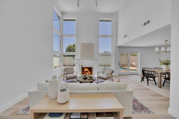 Dining room, Fireplace, Interior, Living room, Pendant Lights, Wood Texture Flooring
