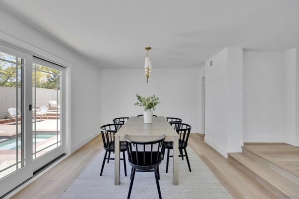 Dining room, Interior, Pendant Lights, Wood Texture Flooring