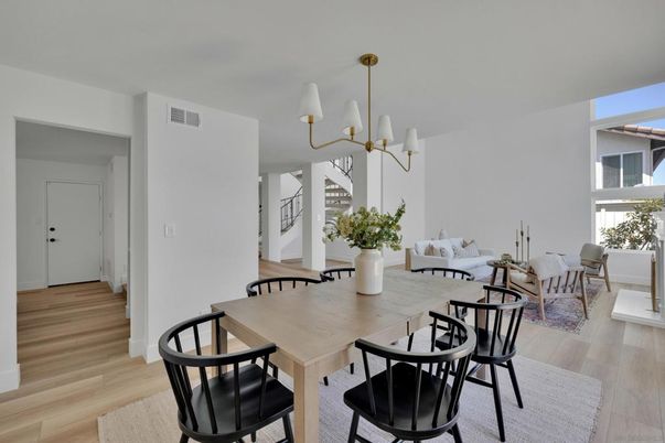 Dining room, Interior, Pendant Lights, Wood Texture Flooring