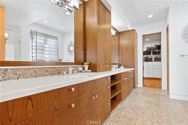 Bathroom, Dual Sink Vanities, Glass Shower, Interior, Recessed Lighting, Wood Texture Flooring