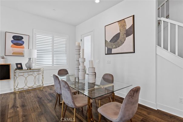 Dining room, Interior, Recessed Lighting, Wood Texture Flooring