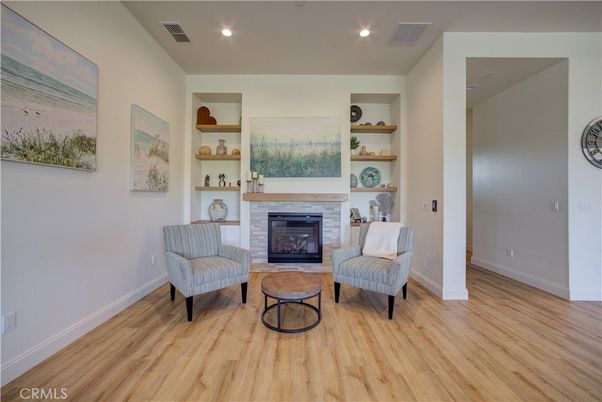 Fireplace, Interior, Recessed Lighting, Wood Texture Flooring