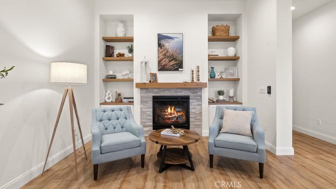 Fireplace, Interior, Recessed Lighting, Wood Texture Flooring
