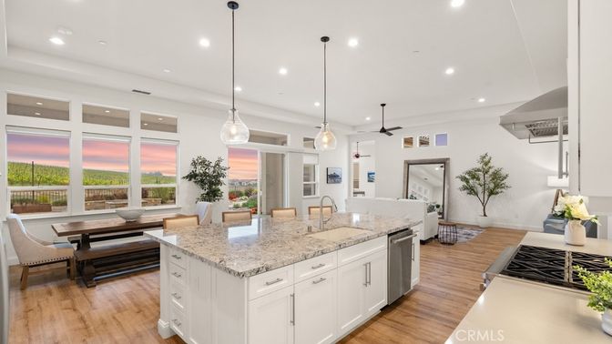 Dining room, Interior, Kitchen, Pendant Lights, Recessed Lighting, Stainless Steel Appliances, Wood Texture Flooring