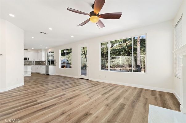 Empty room, Interior, Kitchen, Recessed Lighting, Wood Texture Flooring
