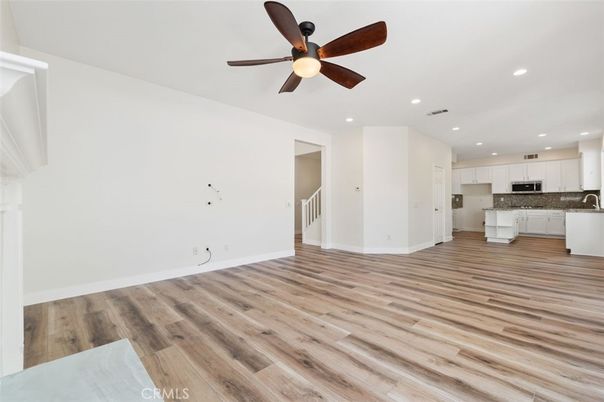 Empty room, Interior, Kitchen, Recessed Lighting, Wood Texture Flooring