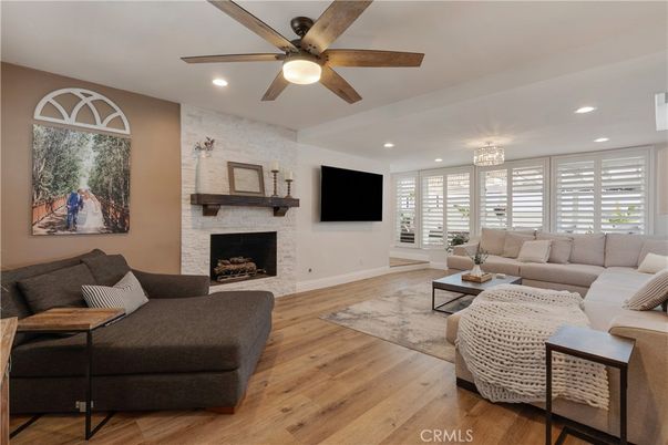 Fireplace, Interior, Living room, Recessed Lighting, Wood Texture Flooring