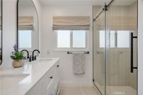 Bathroom, Dual Sink Vanities, Glass Shower, Interior, Wood Texture Flooring
