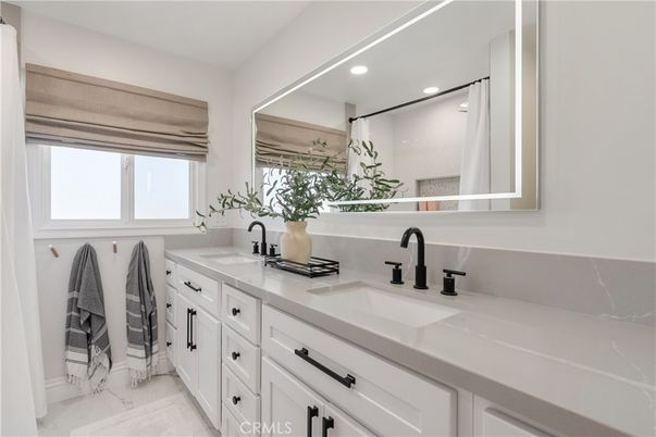 Bathroom, Dual Sink Vanities, Interior, Marble, Recessed Lighting