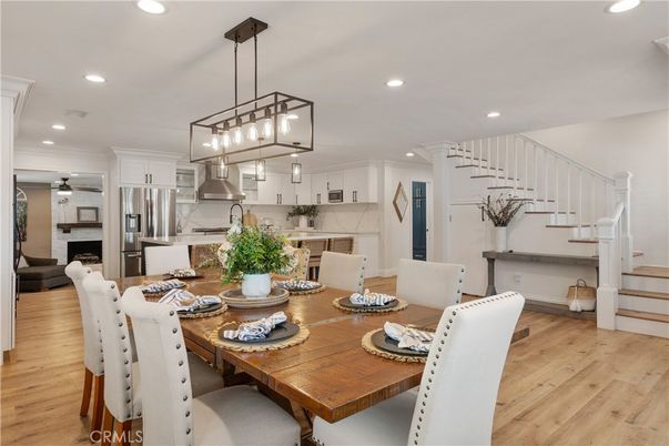 Dining room, Interior, Kitchen, Pendant Lights, Recessed Lighting, Stainless Steel Appliances, Wood Texture Flooring