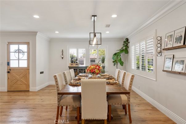 Dining room, Interior, Pendant Lights, Recessed Lighting, Wood Texture Flooring