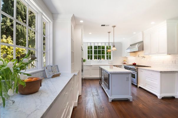 Interior, Kitchen, Pendant Lights, Recessed Lighting, Stainless Steel Appliances, Wood Texture Flooring