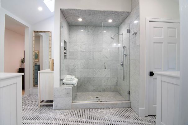 Bathroom, Glass Shower, Interior, Marble Walls, Recessed Lighting