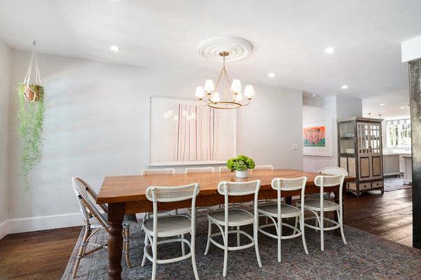 Chandelier, Dining room, Interior, Recessed Lighting, Wood Texture Flooring